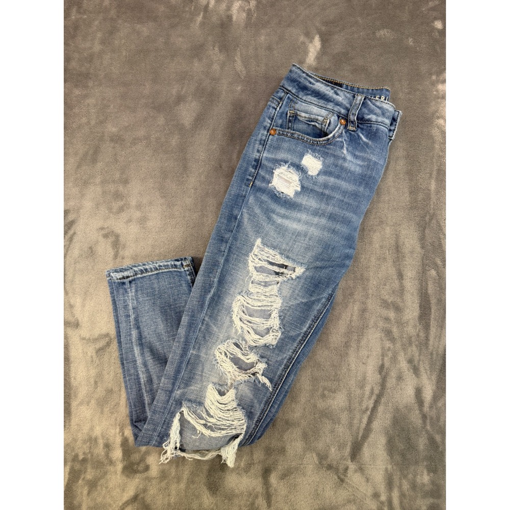 American Eagle Distressed Skinny Jeans Blue Denim Button Fly Size 0 Short 0078